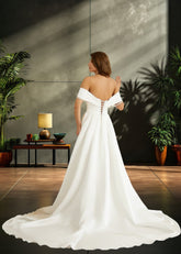 Joyce | A Line/Princess Off the Shoulder Sweetheart Neck Satin Ruched Wedding Dress with Slit - Ivory - PromDressClub